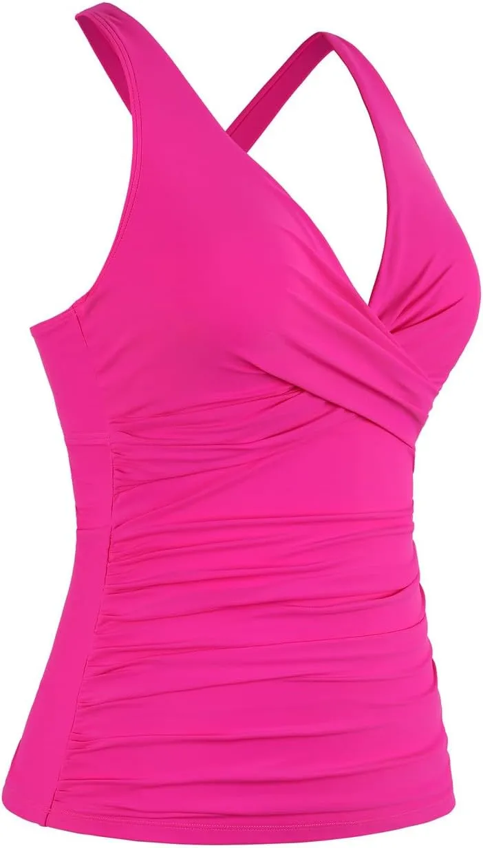 Hilor Women's Underwire Tankini Top Tummy Control Bathing Suits Sexy V Neck Crossover Swim Top Only