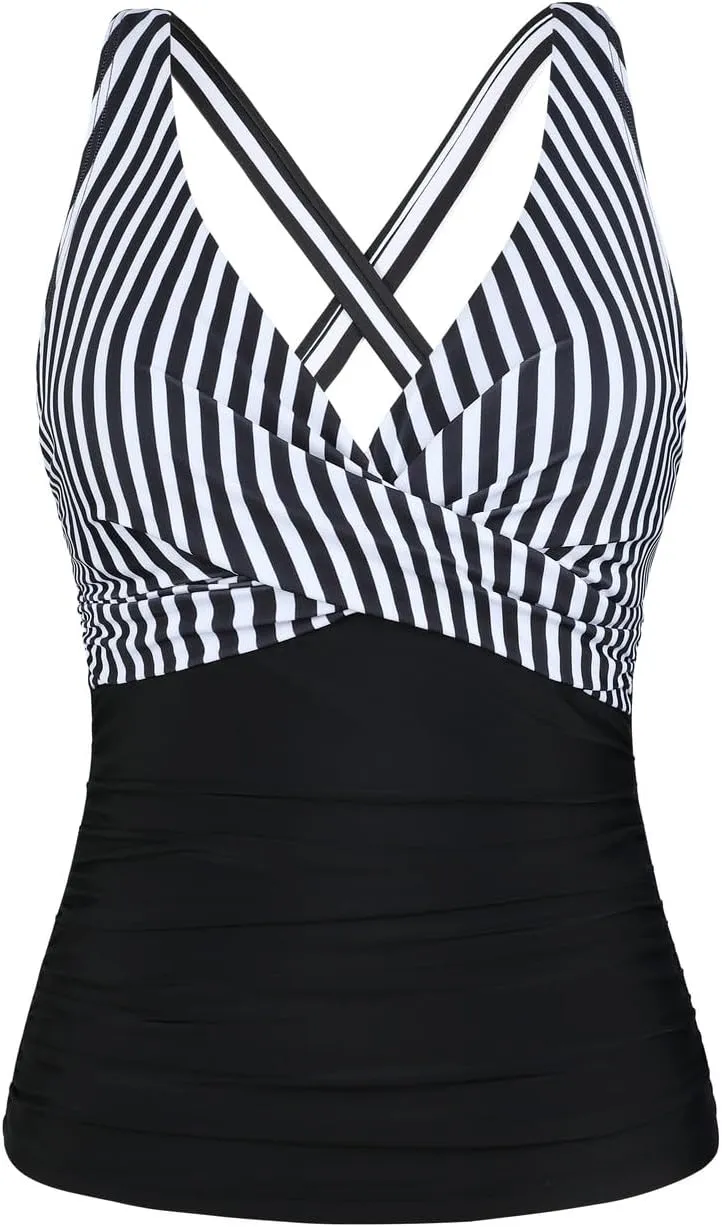 Hilor Women's Underwire Tankini Top Tummy Control Bathing Suits Sexy V Neck Crossover Swim Top Only