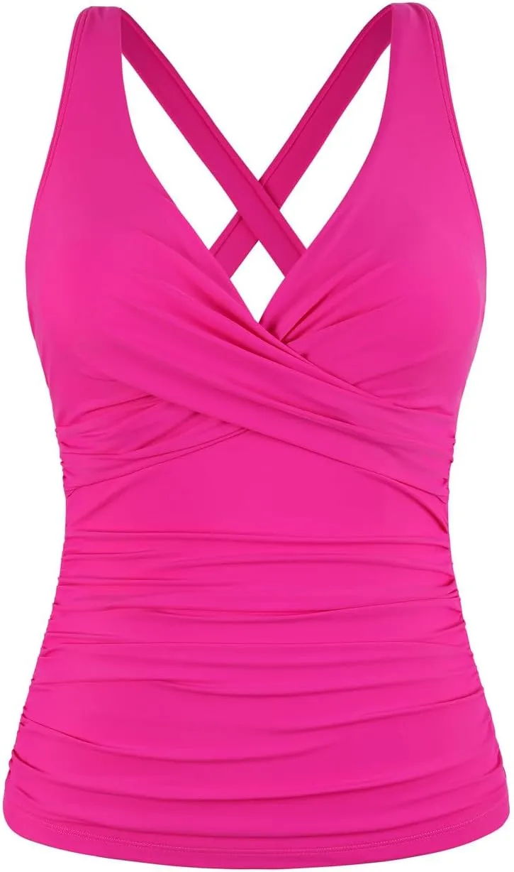 Hilor Women's Underwire Tankini Top Tummy Control Bathing Suits Sexy V Neck Crossover Swim Top Only