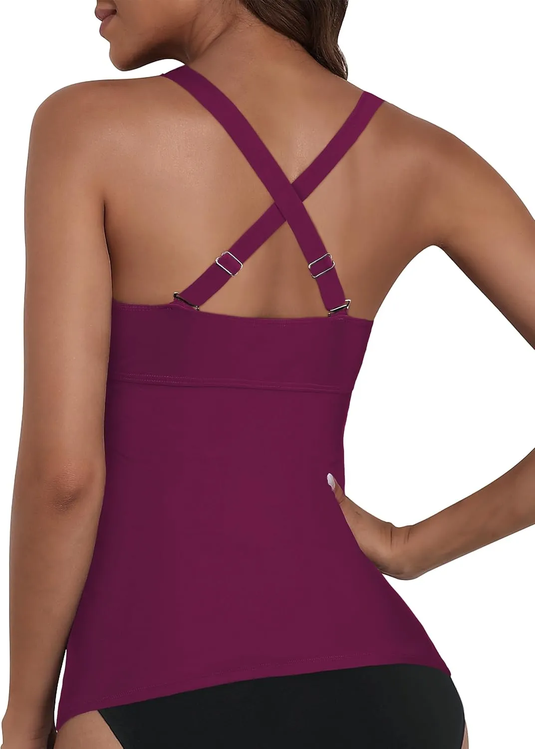Hilor Women's Underwire Tankini Top Tummy Control Bathing Suits Sexy V Neck Crossover Swim Top Only