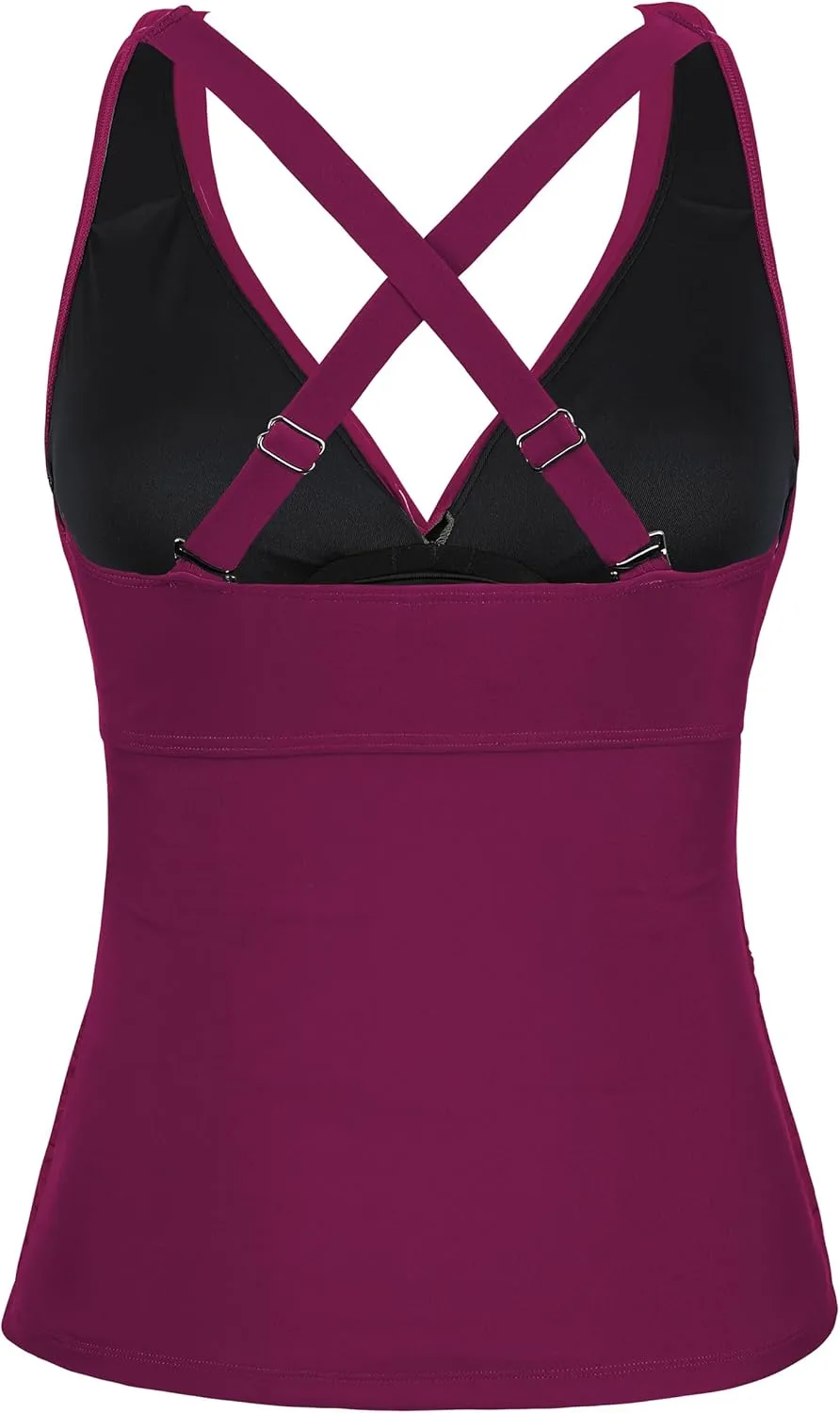 Hilor Women's Underwire Tankini Top Tummy Control Bathing Suits Sexy V Neck Crossover Swim Top Only