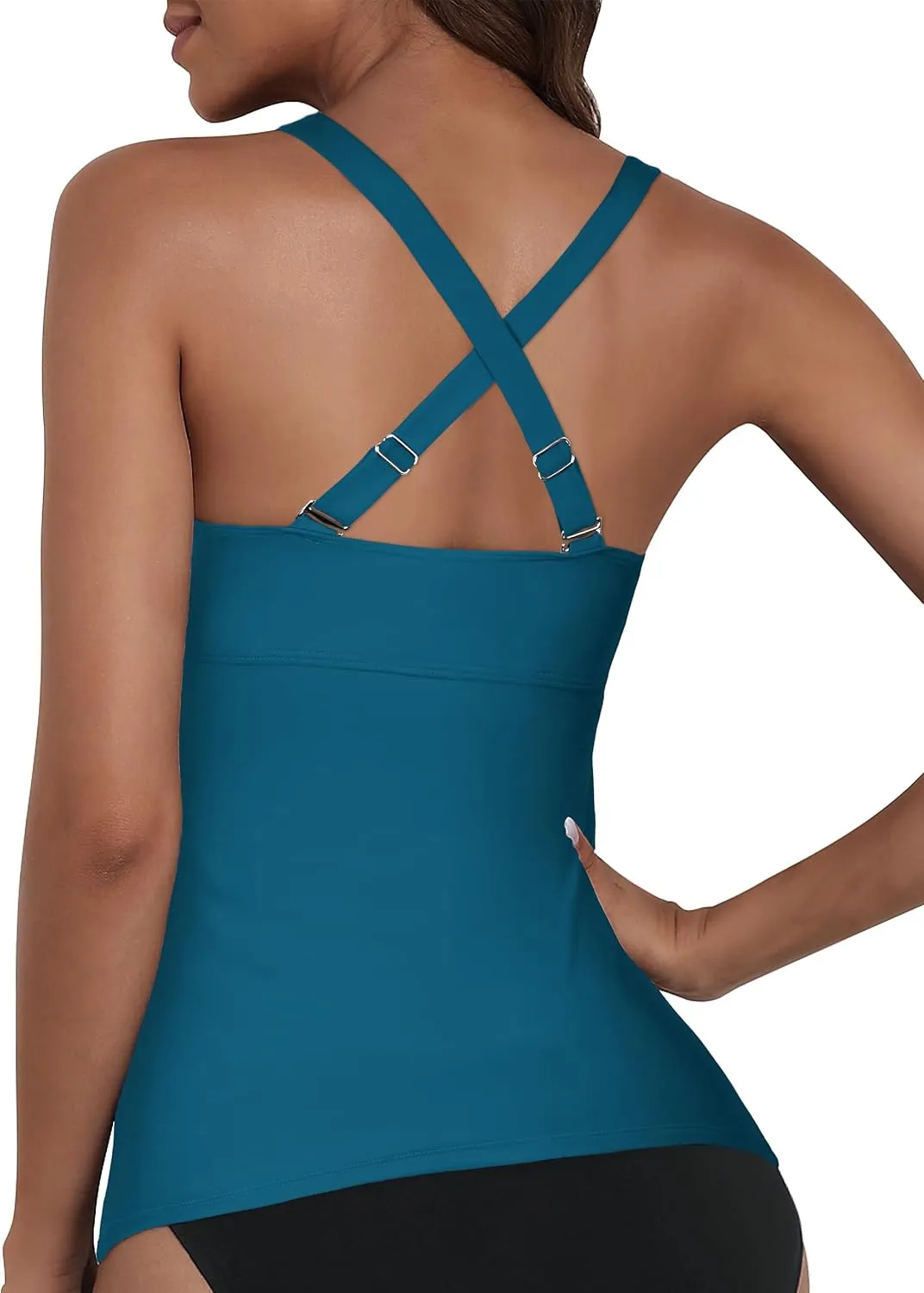 Hilor Women's Underwire Tankini Top Tummy Control Bathing Suits Sexy V Neck Crossover Swim Top Only