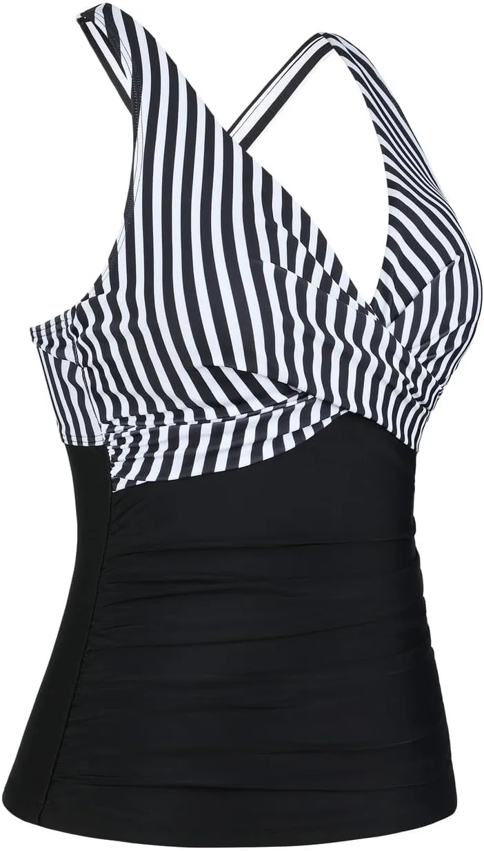 Hilor Women's Underwire Tankini Top Tummy Control Bathing Suits Sexy V Neck Crossover Swim Top Only