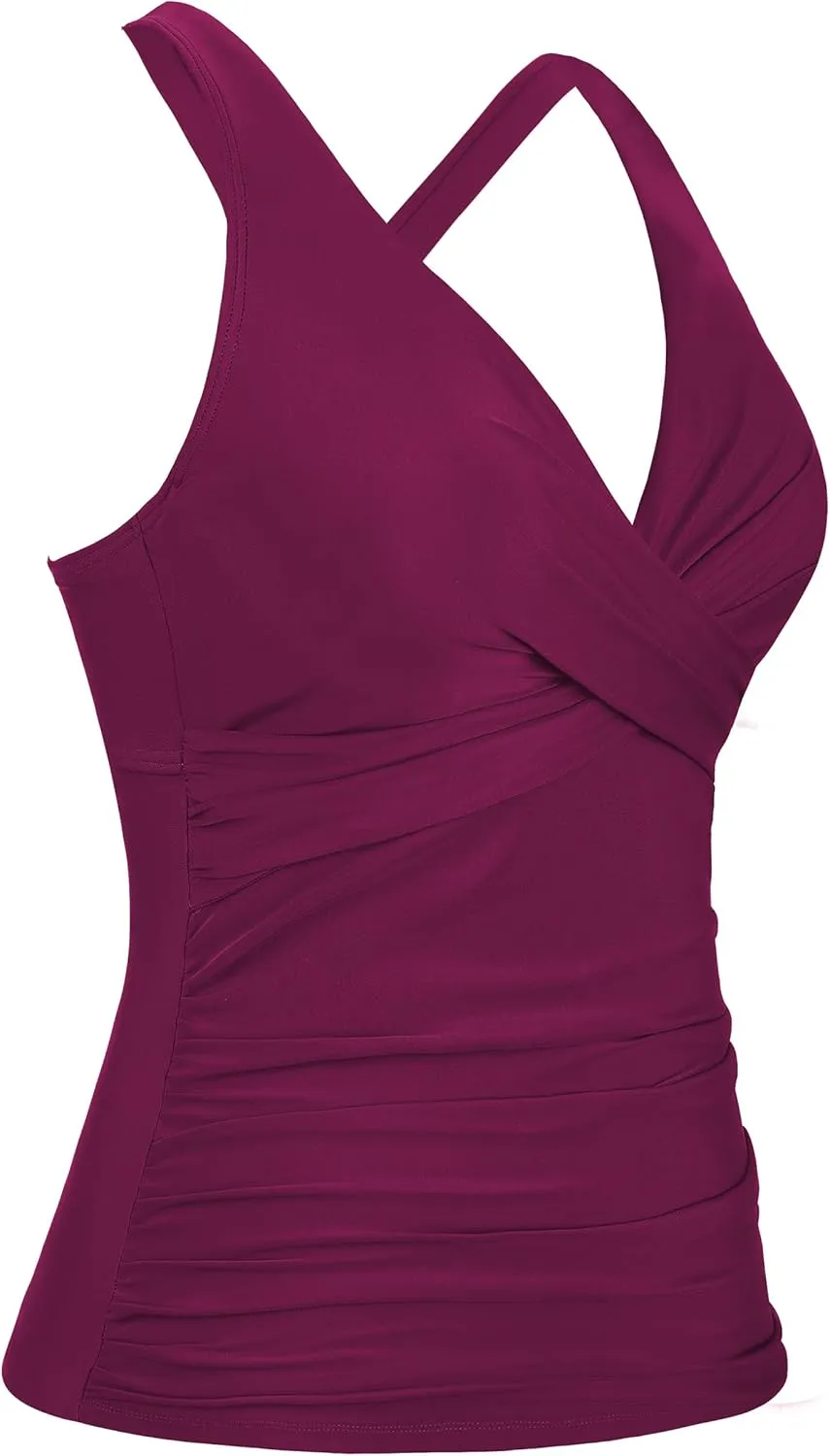 Hilor Women's Underwire Tankini Top Tummy Control Bathing Suits Sexy V Neck Crossover Swim Top Only