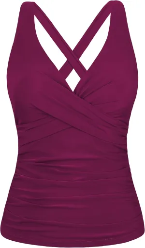 Hilor Women's Underwire Tankini Top Tummy Control Bathing Suits Sexy V Neck Crossover Swim Top Only