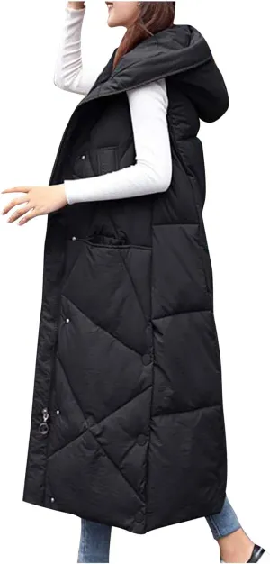 hlysgo Womens Quilted Puffer Vest Maxi Length Sleeveless Hooded Packable Winter Warm Thickened Down Jacket
