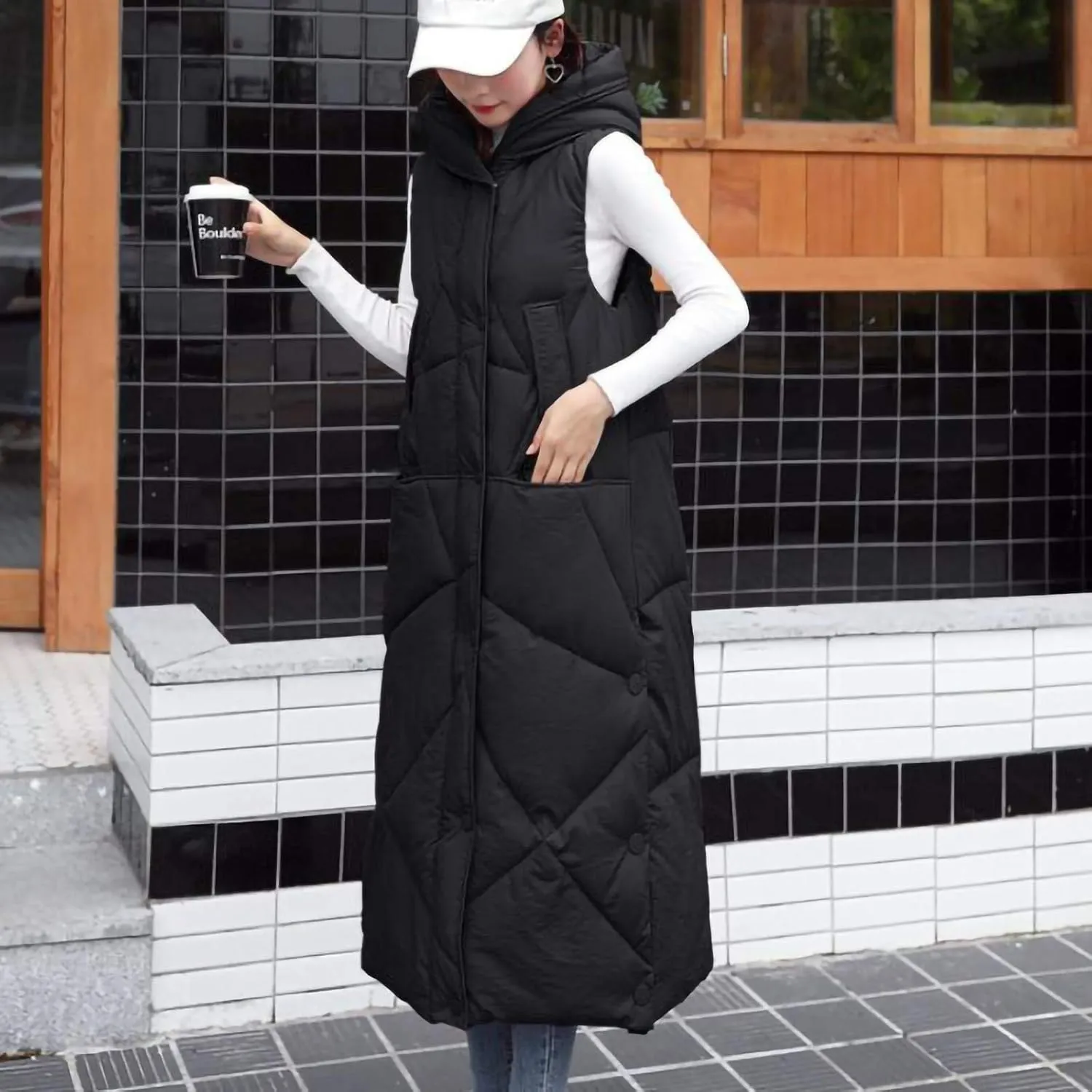 hlysgo Womens Quilted Puffer Vest Maxi Length Sleeveless Hooded Packable Winter Warm Thickened Down Jacket