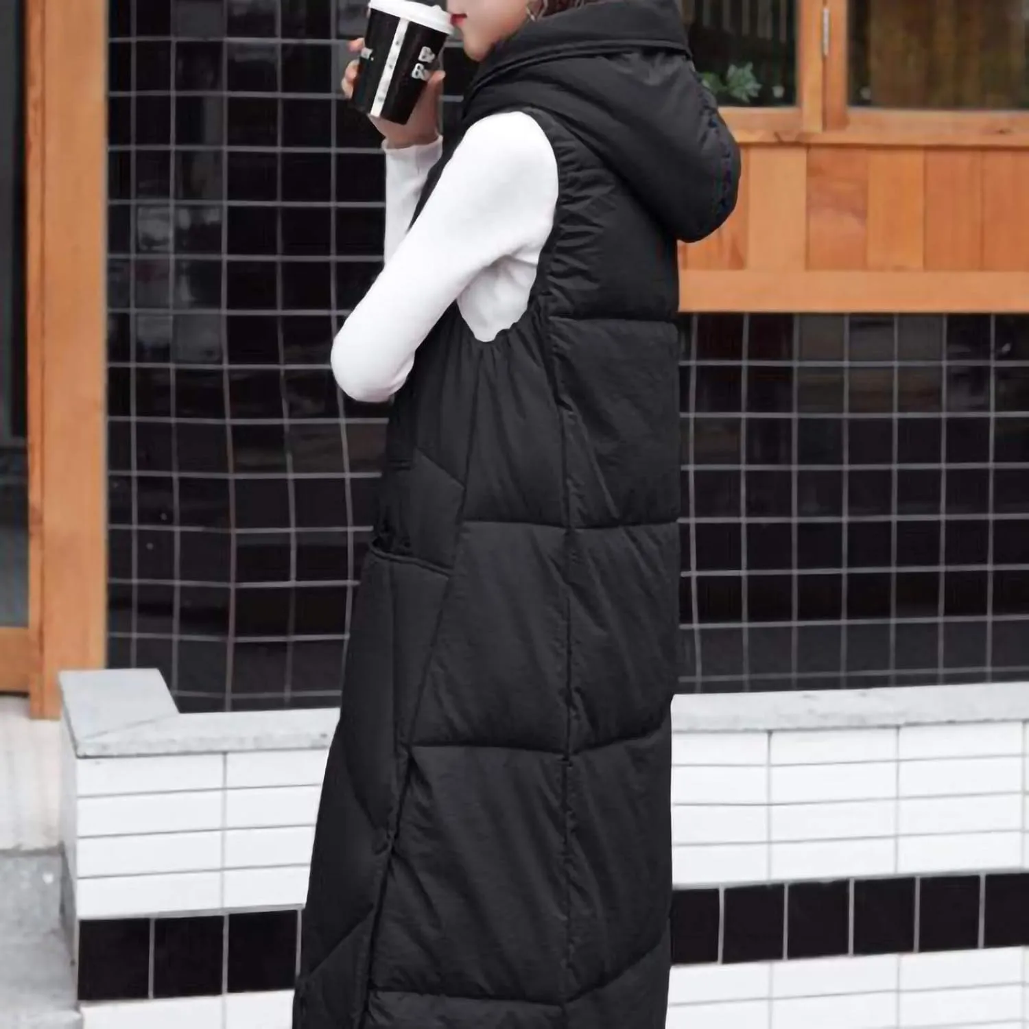 hlysgo Womens Quilted Puffer Vest Maxi Length Sleeveless Hooded Packable Winter Warm Thickened Down Jacket