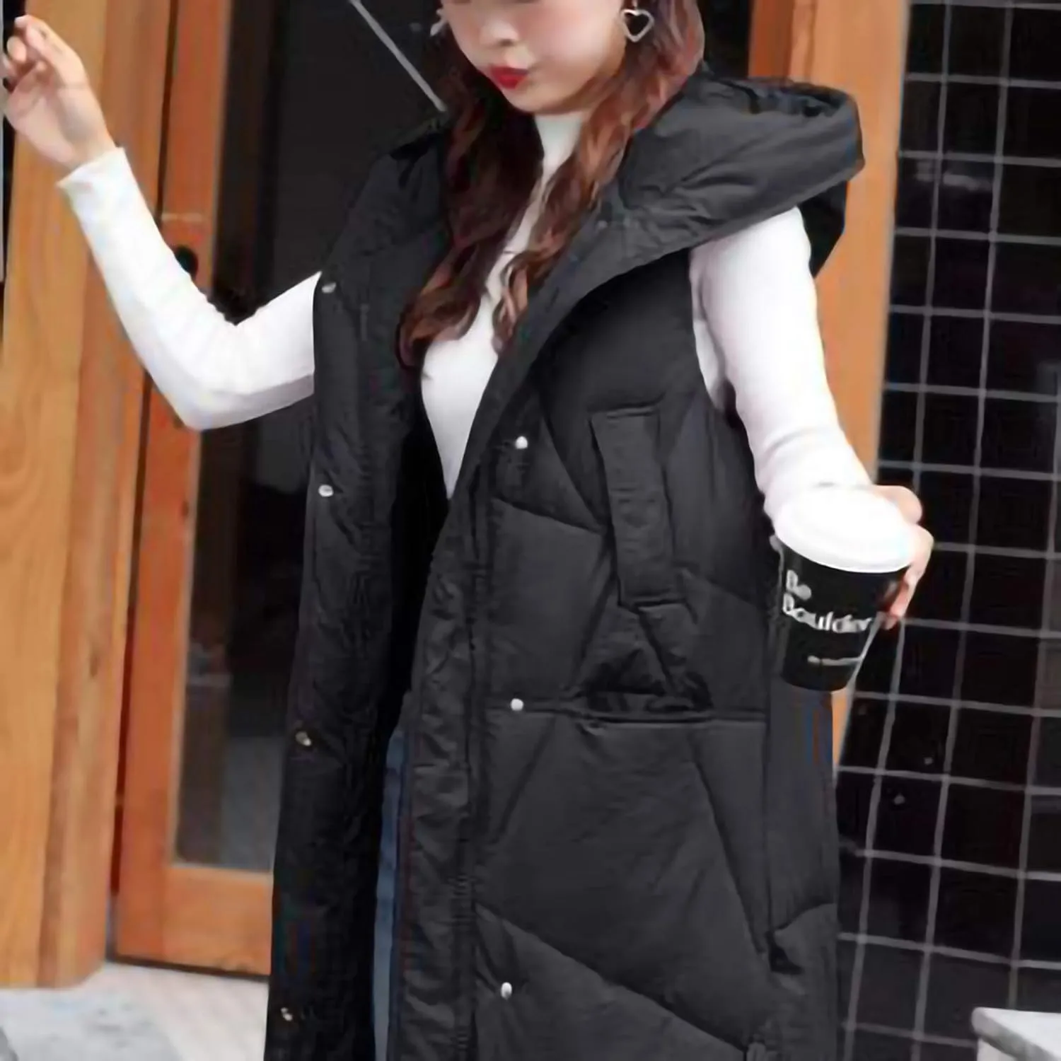 hlysgo Womens Quilted Puffer Vest Maxi Length Sleeveless Hooded Packable Winter Warm Thickened Down Jacket