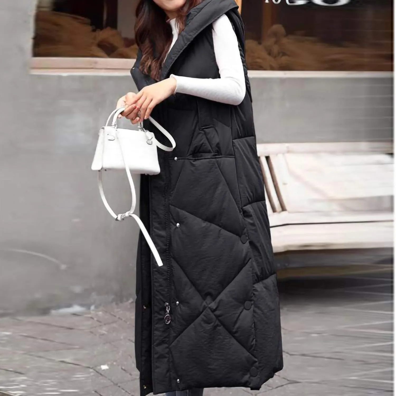 hlysgo Womens Quilted Puffer Vest Maxi Length Sleeveless Hooded Packable Winter Warm Thickened Down Jacket