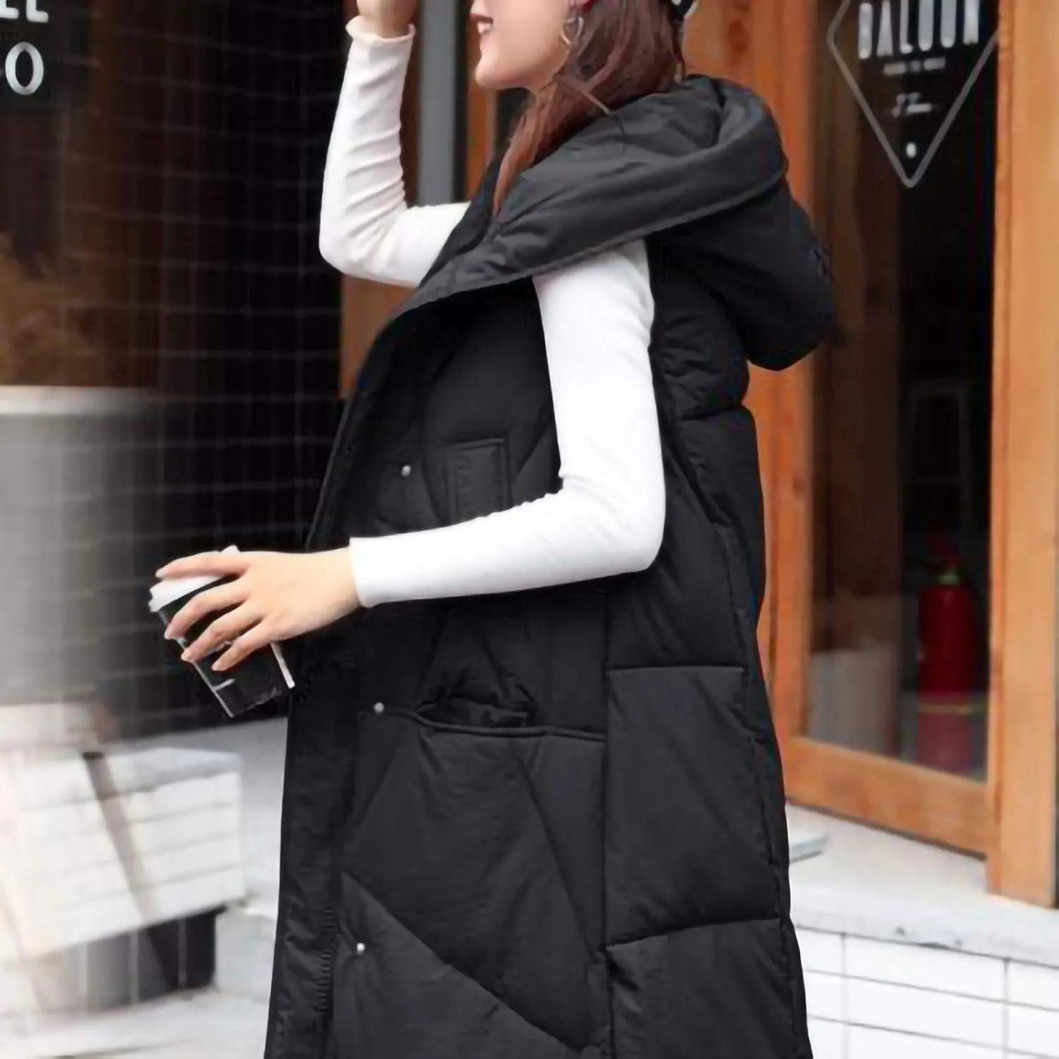 hlysgo Womens Quilted Puffer Vest Maxi Length Sleeveless Hooded Packable Winter Warm Thickened Down Jacket