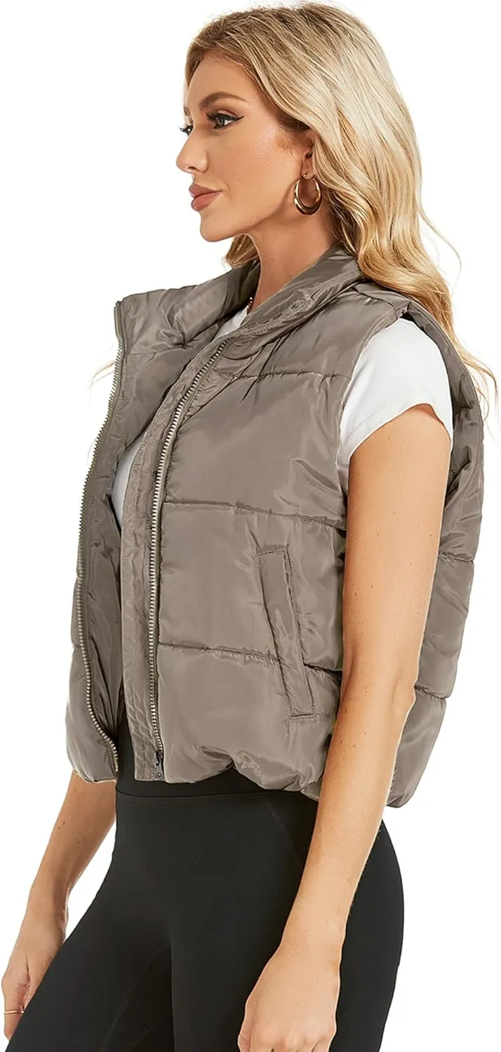 Hount Womens Winter Crop Puffer Vest Lightweight Sleeveless Padded Gilet Coat Stand Collar Outwear Vest with Pockets