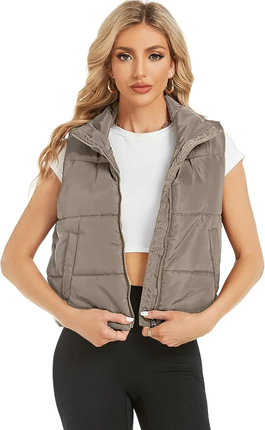 Hount Womens Winter Crop Puffer Vest Lightweight Sleeveless Padded Gilet Coat Stand Collar Outwear Vest with Pockets