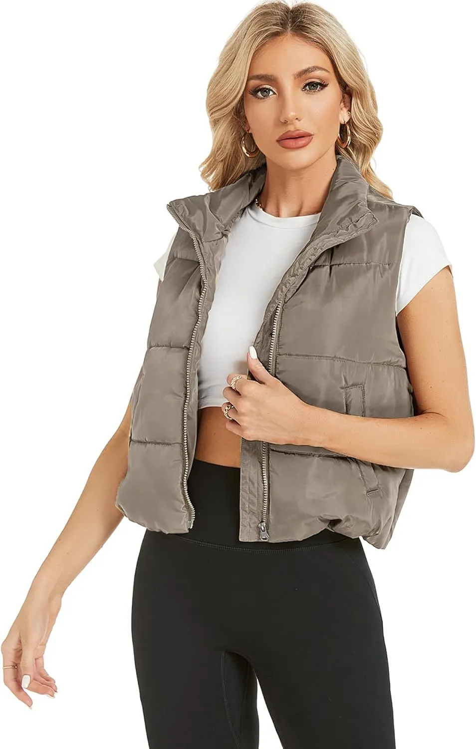 Hount Womens Winter Crop Puffer Vest Lightweight Sleeveless Padded Gilet Coat Stand Collar Outwear Vest with Pockets