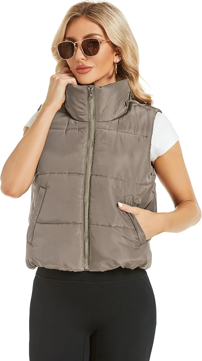 Hount Womens Winter Crop Puffer Vest Lightweight Sleeveless Padded Gilet Coat Stand Collar Outwear Vest with Pockets