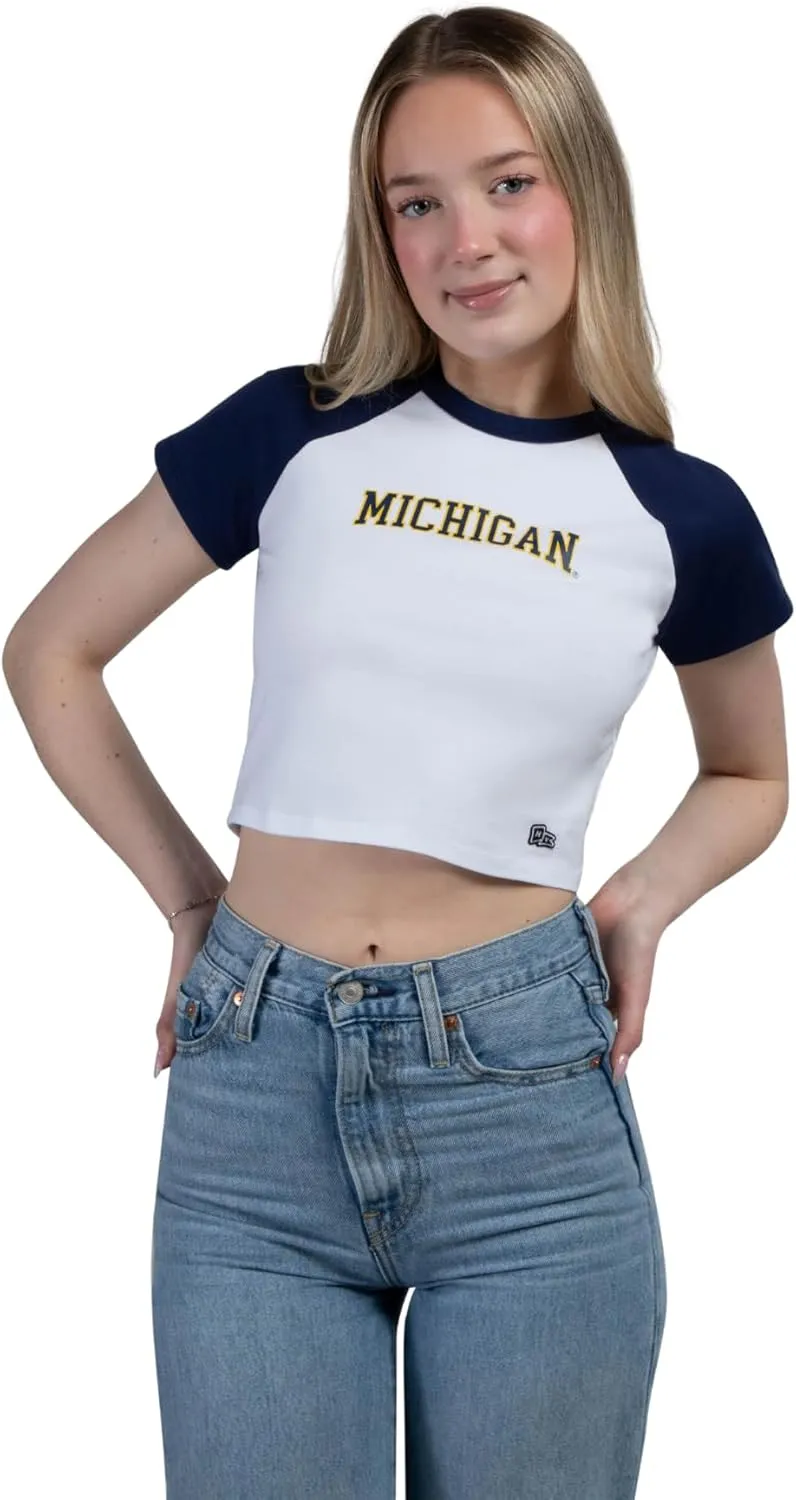 Hype & Vice Homerun Tee for Women (Large) - University of Michigan Tank Top for Women, Crop T-Shirt, College Shirts for Game Days - Navy