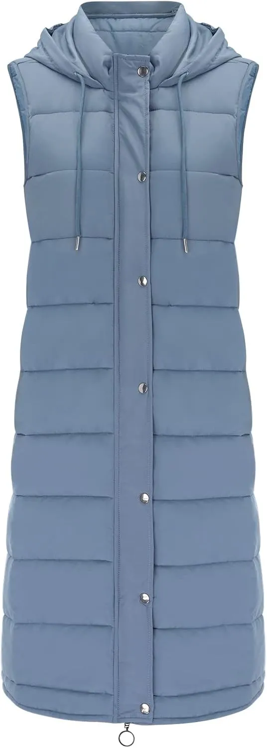 iLH Womens Sleeveless Long Coat Cotton Padded Full Zip Hooded Extra Long Vest with Pocket Windbreaker Jacket Coat for Women