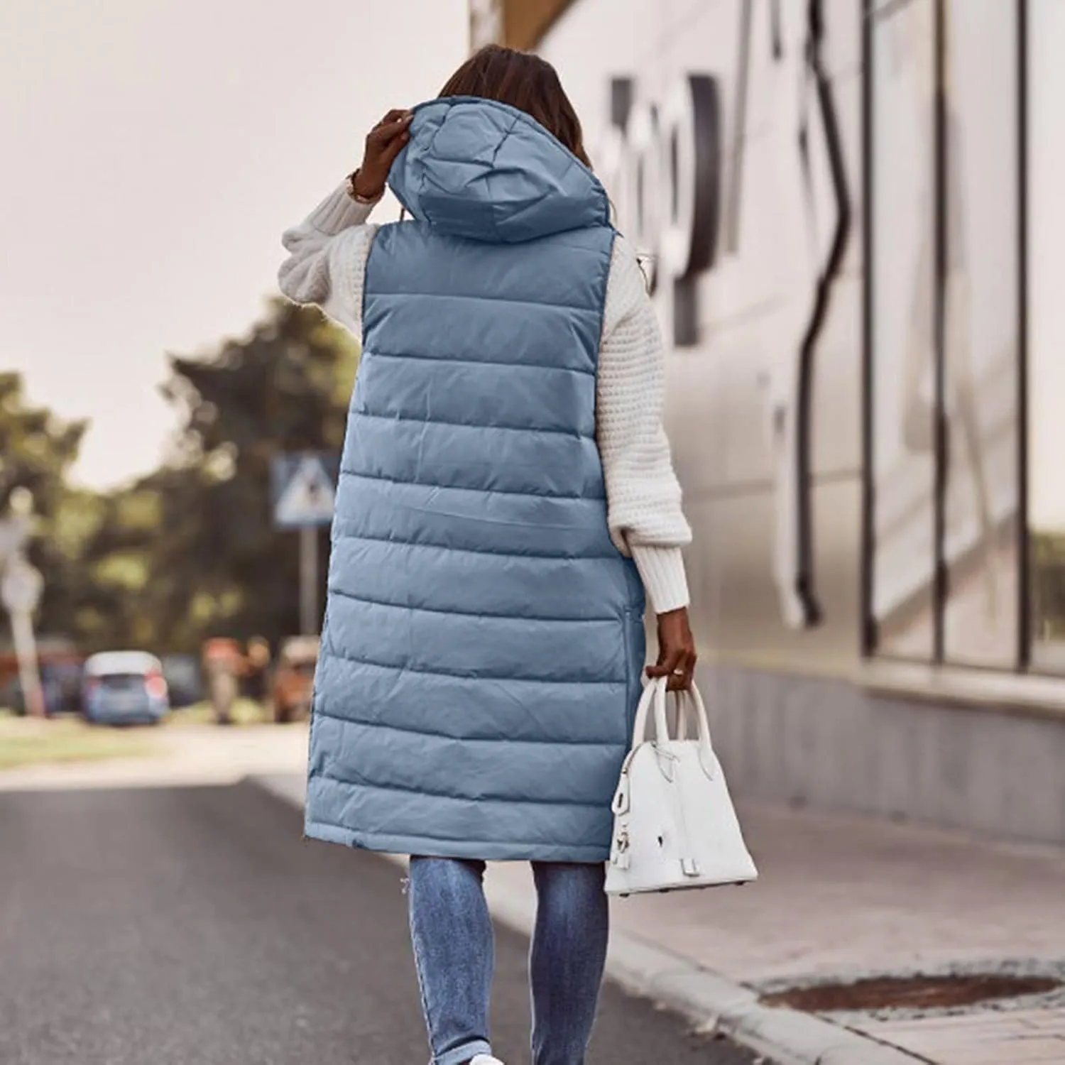 iLH Womens Sleeveless Long Coat Cotton Padded Full Zip Hooded Extra Long Vest with Pocket Windbreaker Jacket Coat for Women