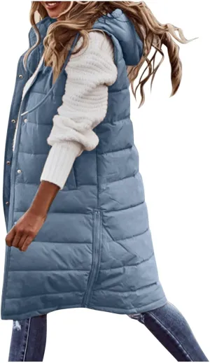 iLH Womens Sleeveless Long Coat Cotton Padded Full Zip Hooded Extra Long Vest with Pocket Windbreaker Jacket Coat for Women