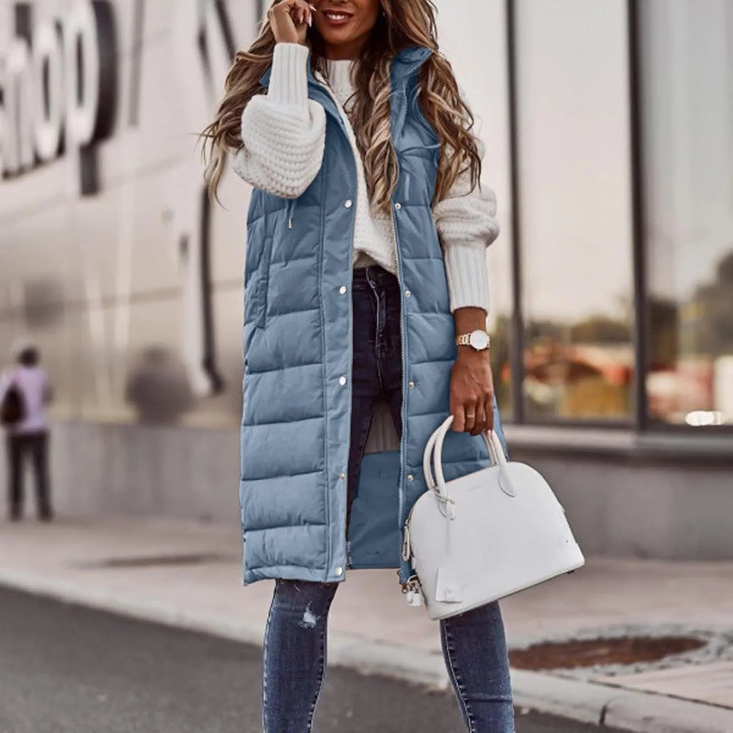 iLH Womens Sleeveless Long Coat Cotton Padded Full Zip Hooded Extra Long Vest with Pocket Windbreaker Jacket Coat for Women