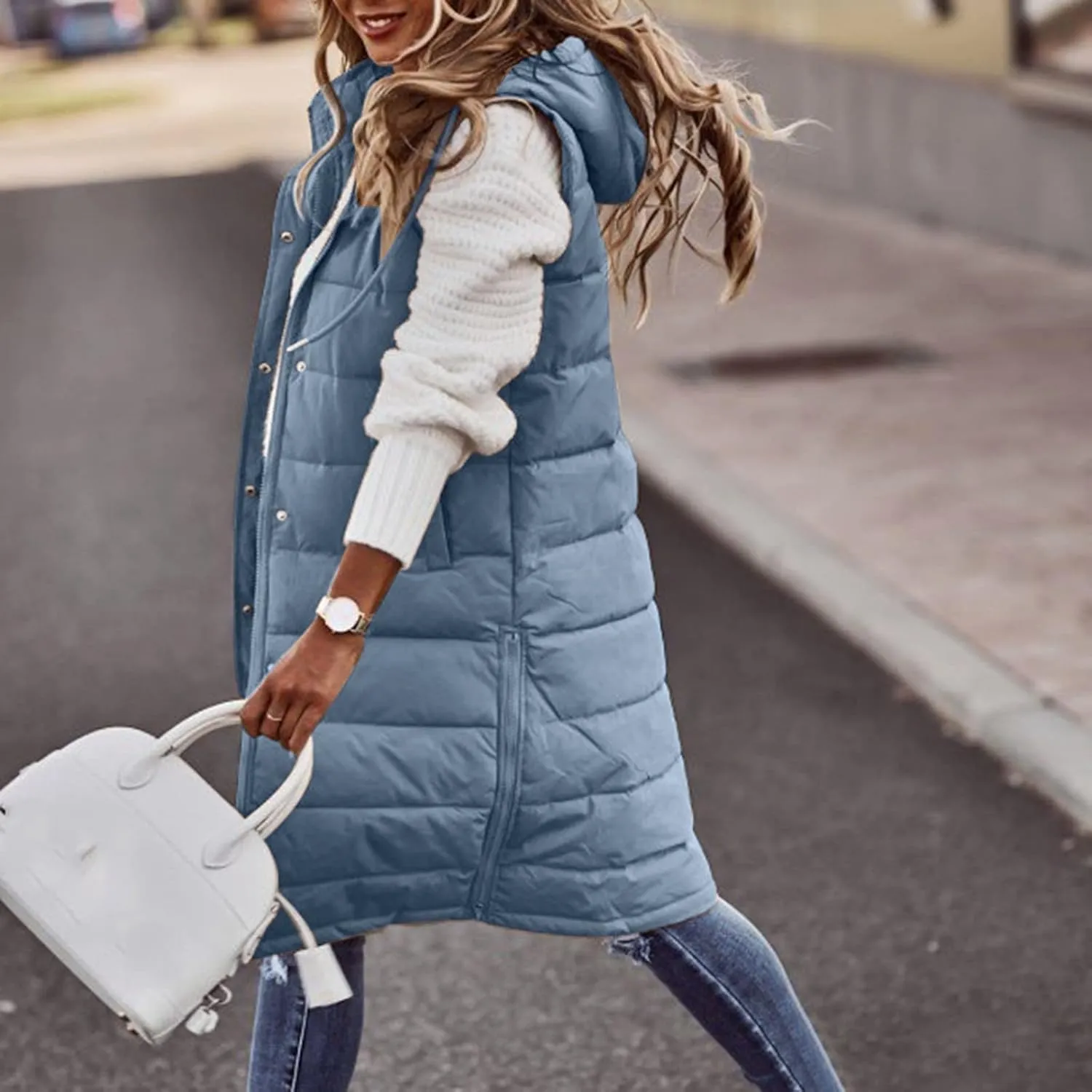 iLH Womens Sleeveless Long Coat Cotton Padded Full Zip Hooded Extra Long Vest with Pocket Windbreaker Jacket Coat for Women