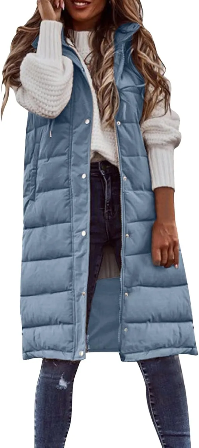 iLH Womens Sleeveless Long Coat Cotton Padded Full Zip Hooded Extra Long Vest with Pocket Windbreaker Jacket Coat for Women