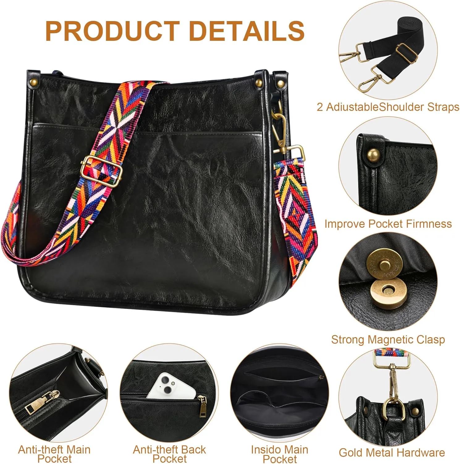 JAMfit Crossbody Bag for Women Vegan Leather Hobo Handbags Trendy Shoulder Purse Handbag With 2 Adjustable Strap