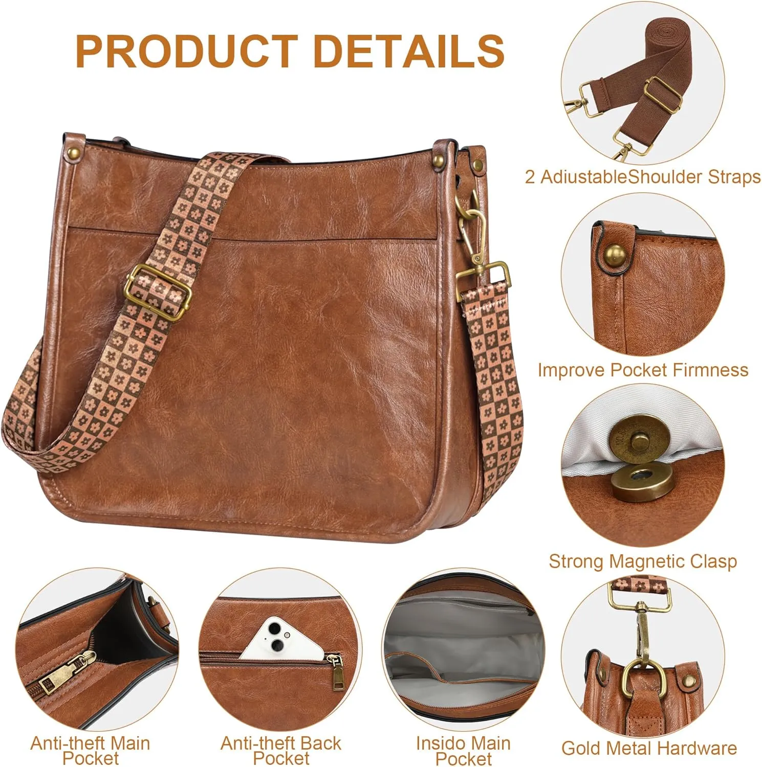 JAMfit Crossbody Bag for Women Vegan Leather Hobo Handbags Trendy Shoulder Purse Handbag With 2 Adjustable Strap
