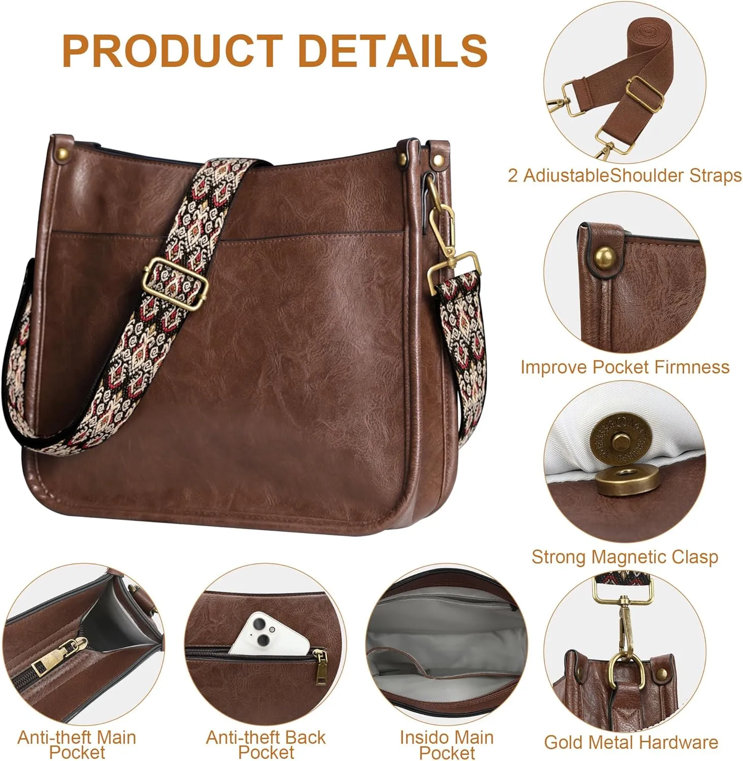 JAMfit Crossbody Bag for Women Vegan Leather Hobo Handbags Trendy Shoulder Purse Handbag With 2 Adjustable Strap