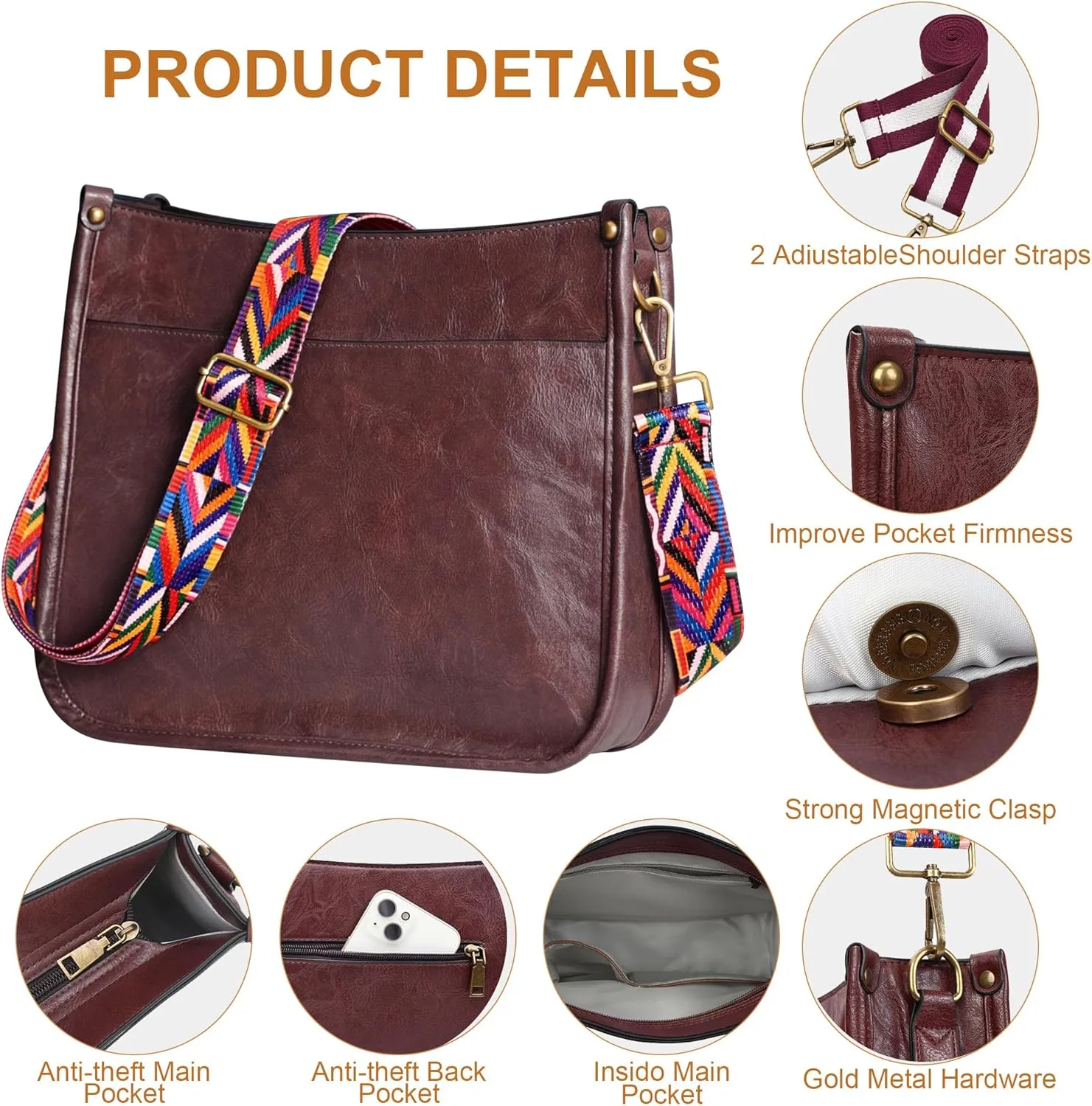 JAMfit Crossbody Bag for Women Vegan Leather Hobo Handbags Trendy Shoulder Purse Handbag With 2 Adjustable Strap