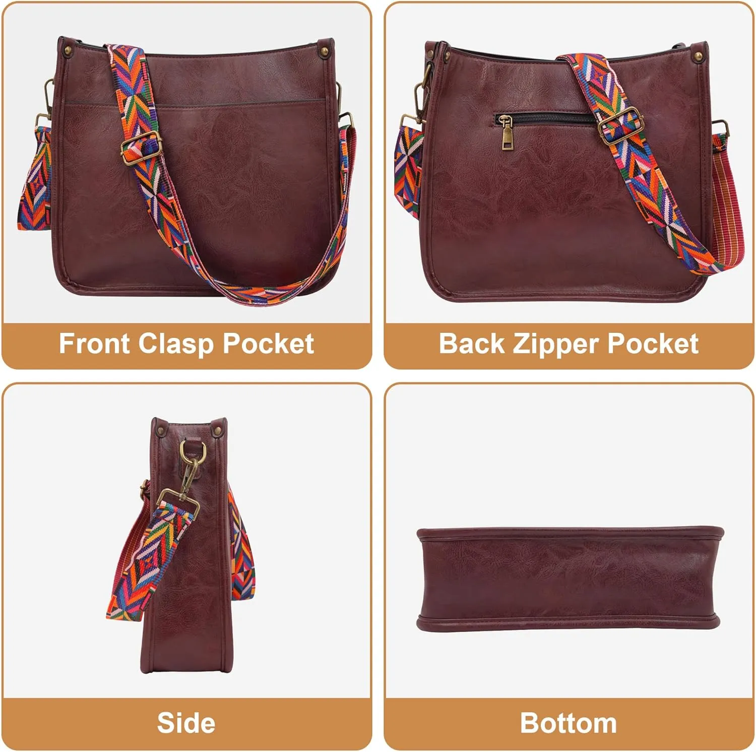 JAMfit Crossbody Bag for Women Vegan Leather Hobo Handbags Trendy Shoulder Purse Handbag With 2 Adjustable Strap