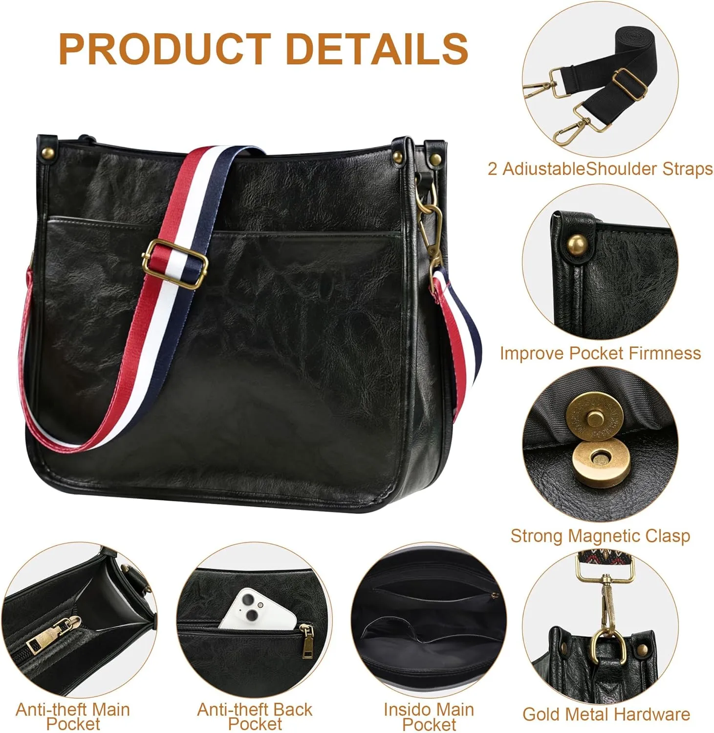 JAMfit Crossbody Bag for Women Vegan Leather Hobo Handbags Trendy Shoulder Purse Handbag With 2 Adjustable Strap