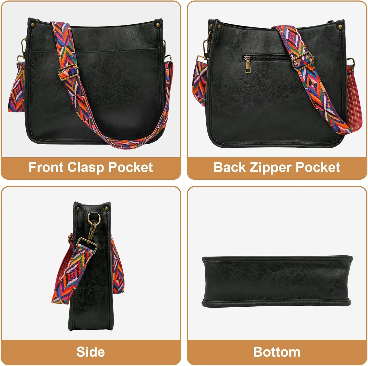 JAMfit Crossbody Bag for Women Vegan Leather Hobo Handbags Trendy Shoulder Purse Handbag With 2 Adjustable Strap