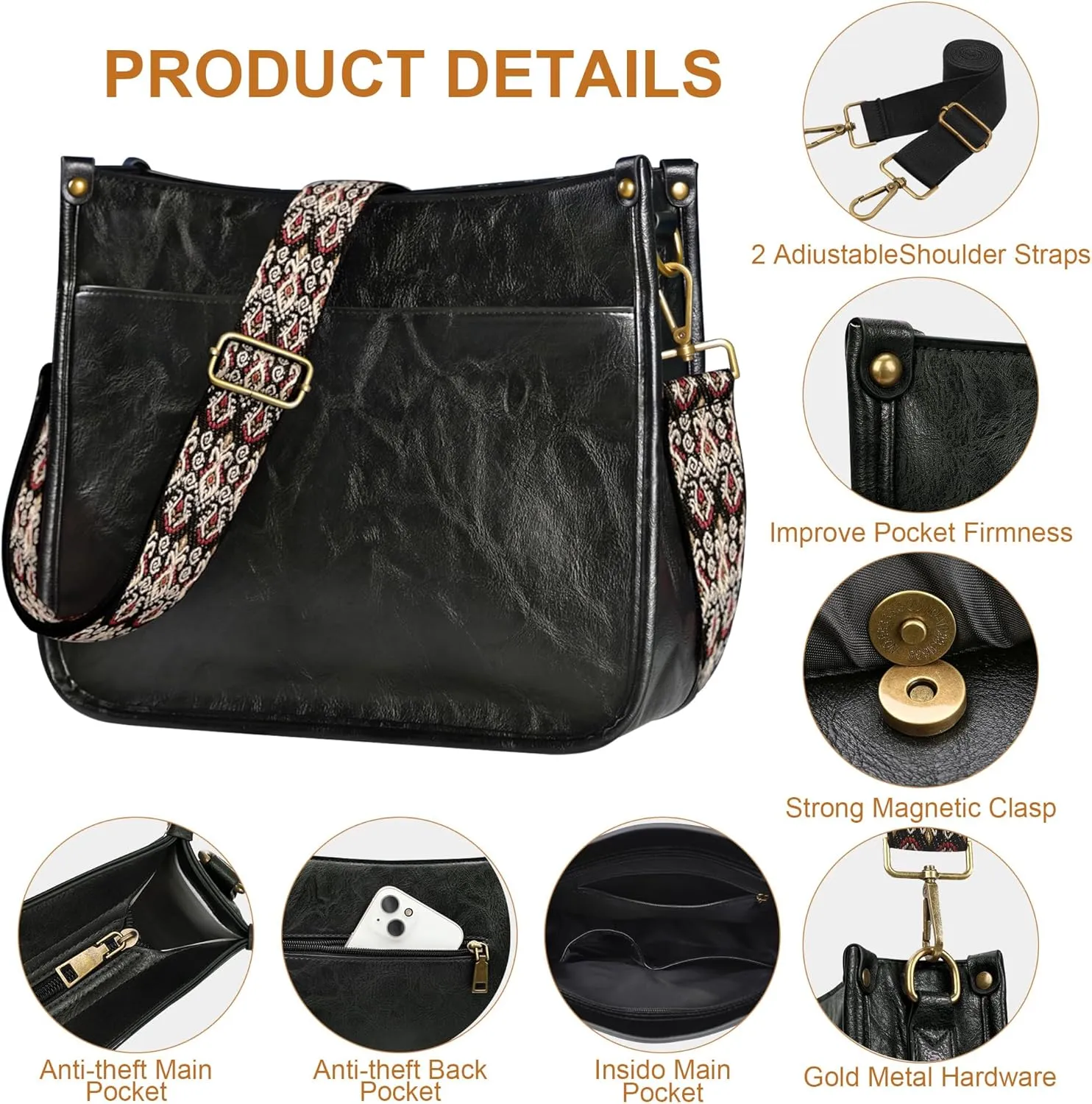 JAMfit Crossbody Bag for Women Vegan Leather Hobo Handbags Trendy Shoulder Purse Handbag With 2 Adjustable Strap