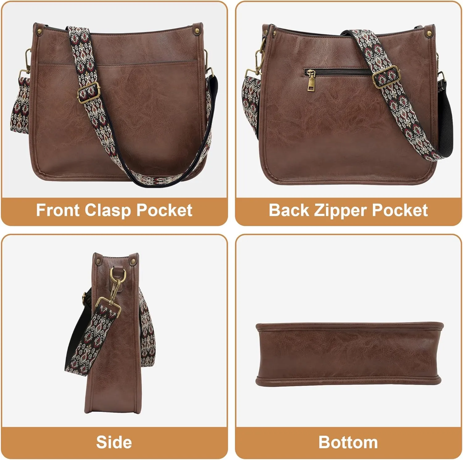 JAMfit Crossbody Bag for Women Vegan Leather Hobo Handbags Trendy Shoulder Purse Handbag With 2 Adjustable Strap