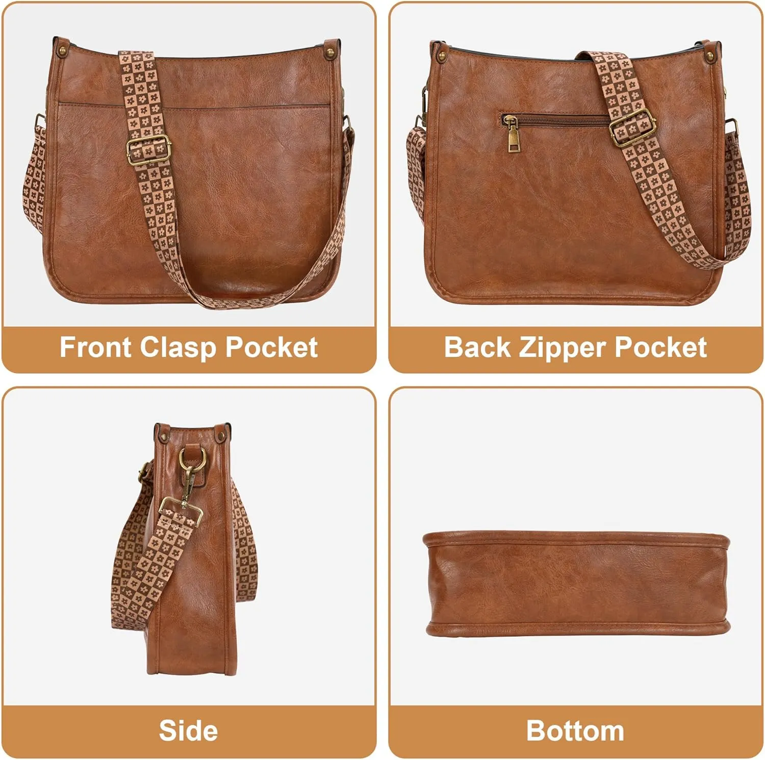 JAMfit Crossbody Bag for Women Vegan Leather Hobo Handbags Trendy Shoulder Purse Handbag With 2 Adjustable Strap
