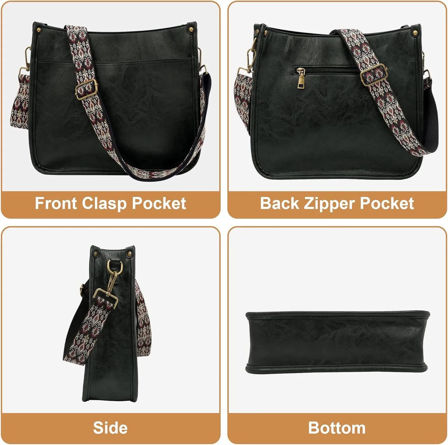 JAMfit Crossbody Bag for Women Vegan Leather Hobo Handbags Trendy Shoulder Purse Handbag With 2 Adjustable Strap