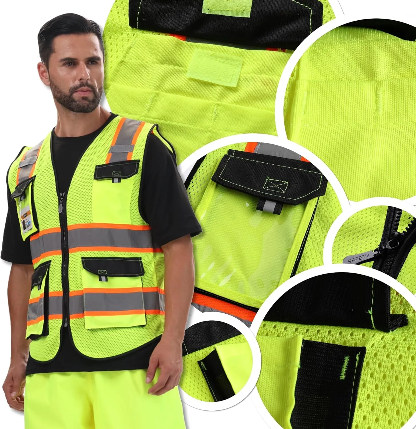 JKSafety Hi Vis Reflective Safety Vests for Men Women High Visibility Vest with Pockets Mesh Fabric Construction Safety Apparel Neon Vest for Work (220-Yellow L)