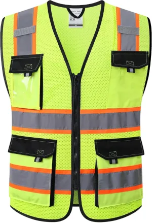 JKSafety Hi Vis Reflective Safety Vests for Men Women High Visibility Vest with Pockets Mesh Fabric Construction Safety Apparel Neon Vest for Work (220-Yellow L)