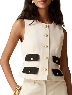 Kedera Womens Button Down Sleeveless Linen Vest Fully Lined Crew Neck Fall Fashion Business Jacket Waistcoat with Pocket