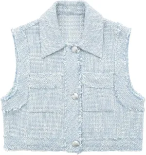 KEOMUD Women's Elegant Crop Vest Tops 2024 Vintage Lapel Button Down Tweed Waistcoats
