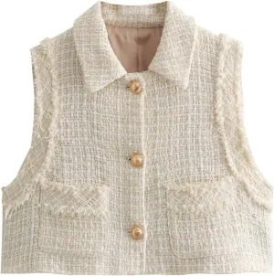 KEOMUD Women's Elegant Crop Vest Tops 2024 Vintage Lapel Button Down Tweed Waistcoats