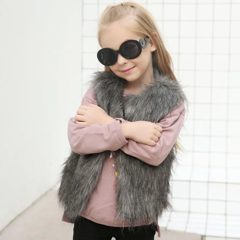 Kid Baby Girl Faux Fur Waistcoat Thick Coat Warm Fall Winter Plush Vest Pocket Outerwear Tops 3-8T