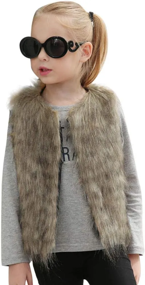Kid Baby Girl Faux Fur Waistcoat Thick Coat Warm Fall Winter Plush Vest Pocket Outerwear Tops 3-8T