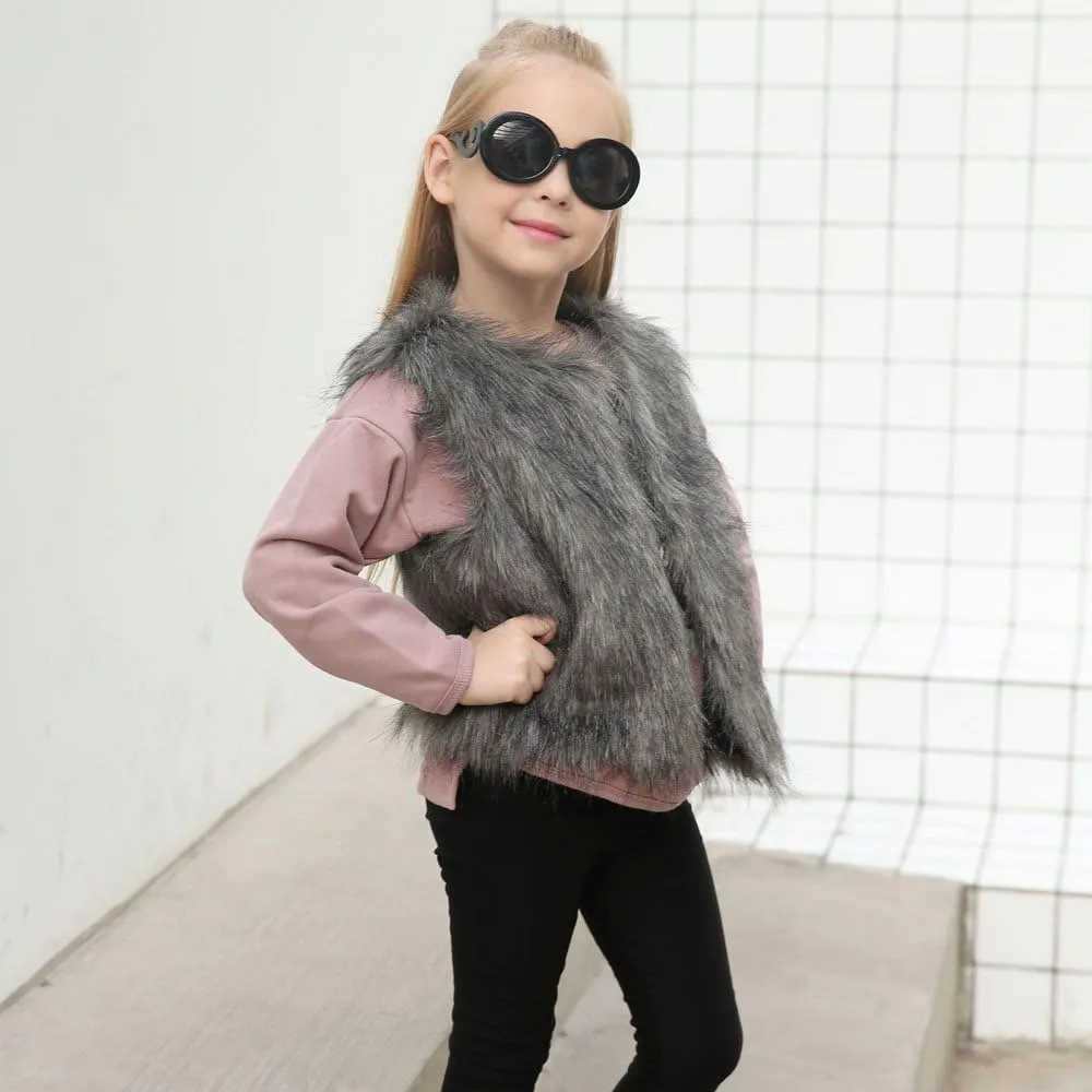 Kid Baby Girl Faux Fur Waistcoat Thick Coat Warm Fall Winter Plush Vest Pocket Outerwear Tops 3-8T