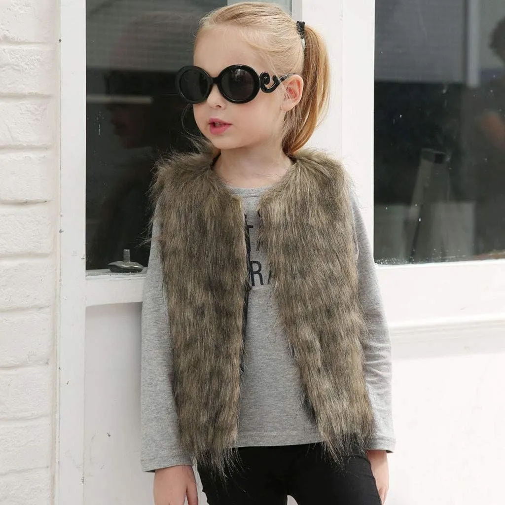Kid Baby Girl Faux Fur Waistcoat Thick Coat Warm Fall Winter Plush Vest Pocket Outerwear Tops 3-8T
