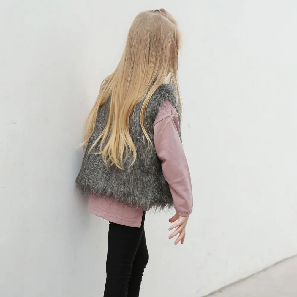 Kid Baby Girl Faux Fur Waistcoat Thick Coat Warm Fall Winter Plush Vest Pocket Outerwear Tops 3-8T