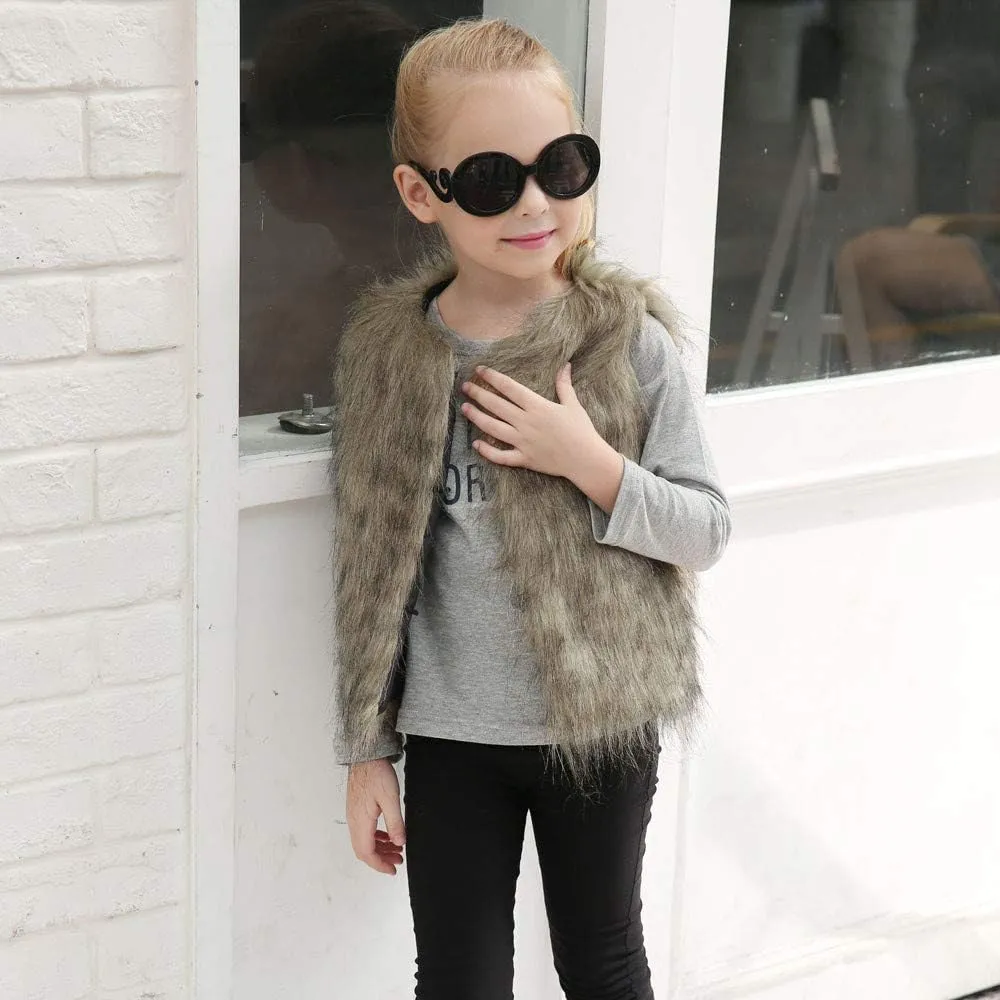 Kid Baby Girl Faux Fur Waistcoat Thick Coat Warm Fall Winter Plush Vest Pocket Outerwear Tops 3-8T