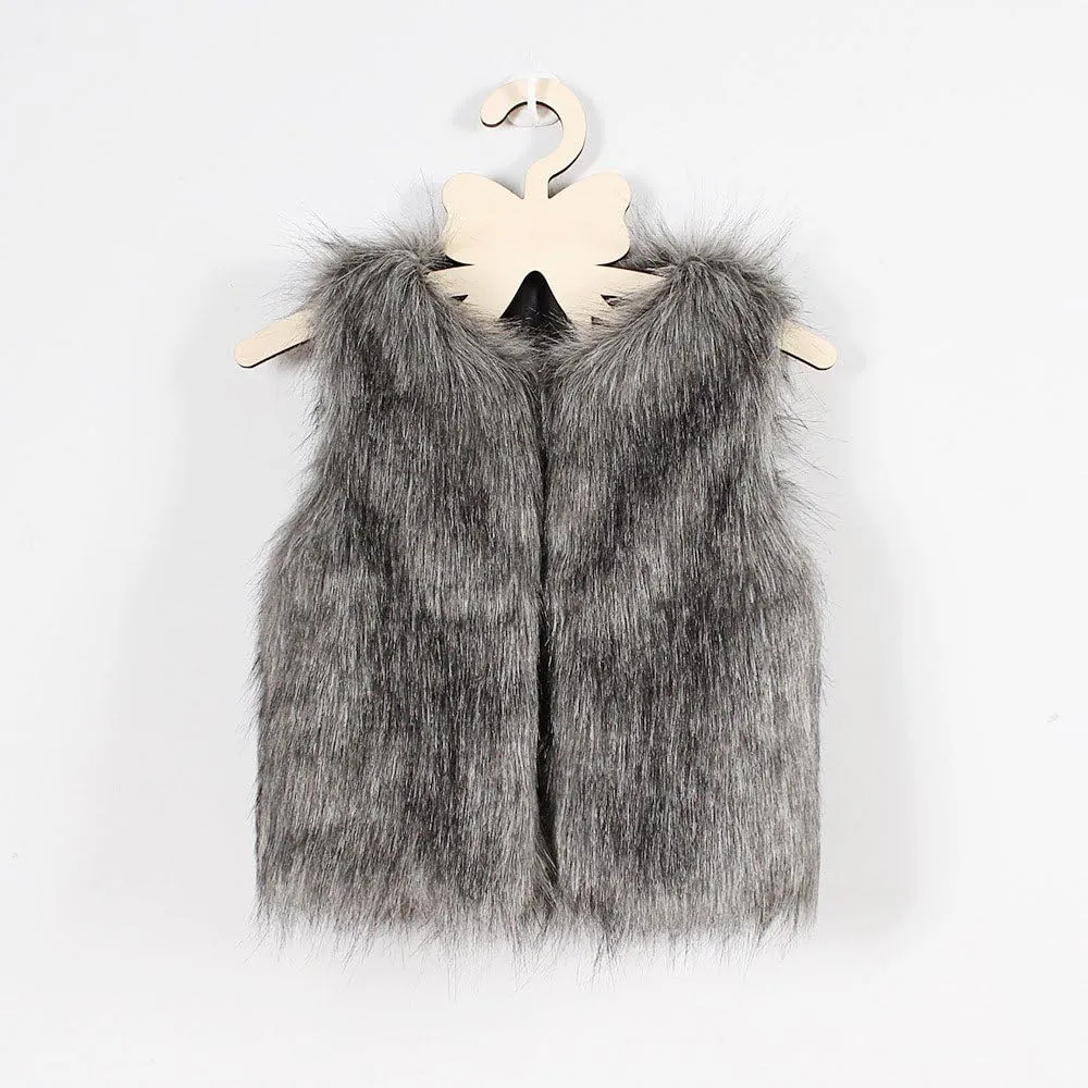 Kid Baby Girl Faux Fur Waistcoat Thick Coat Warm Fall Winter Plush Vest Pocket Outerwear Tops 3-8T