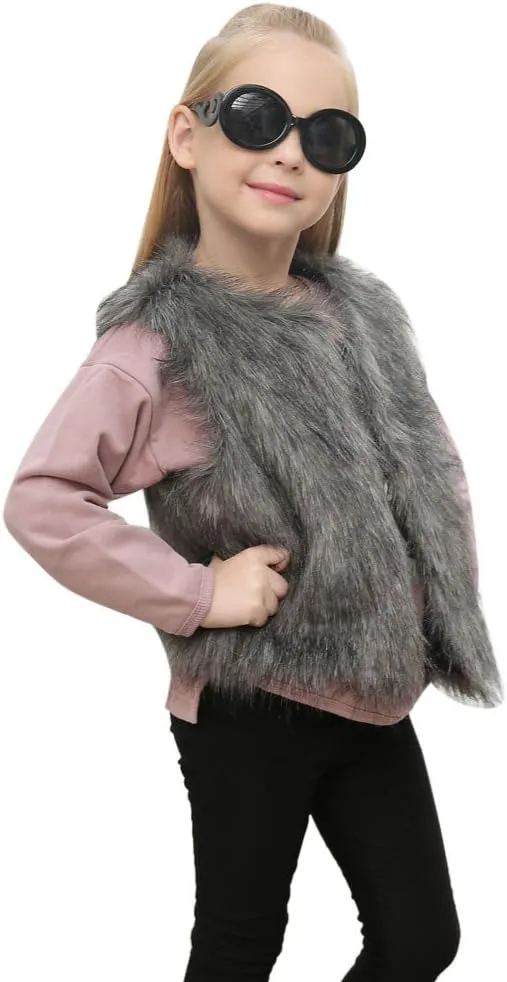 Kid Baby Girl Faux Fur Waistcoat Thick Coat Warm Fall Winter Plush Vest Pocket Outerwear Tops 3-8T